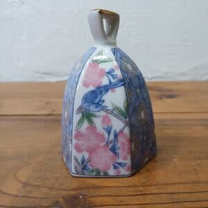 Vintage Kaneko Porcelain Bell Blue Bird w Cherry Blossoms Floral Made in Japan 3